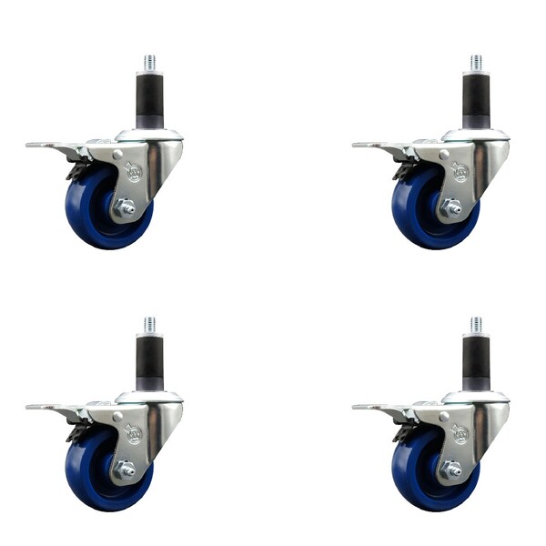 3'' Solid Poly Swivel 1-1/4'' Expanding Stem Caster Set Total Lock Brake, 4PK